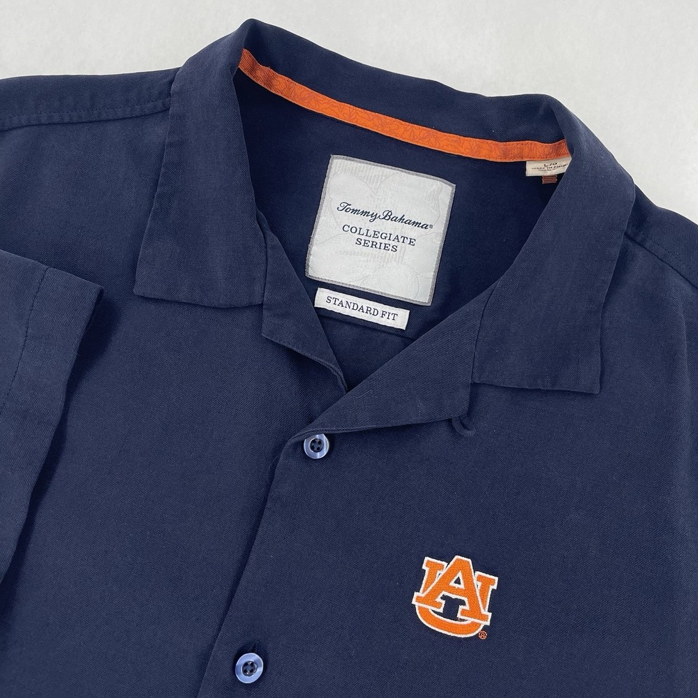 Tommy Bahama Button Up Shirt Mens L Blue Collegiate Series Auburn Silk Camp